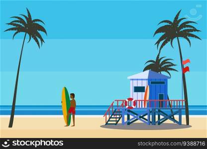 Lifeguard station on the beach palms, surfer, coast ocean, sea. Summer tropical landscape, vector illustration flat cartoon style. Lifeguard station on the beach palms, surfer, coast ocean, sea. Summer tropical landscape, vector