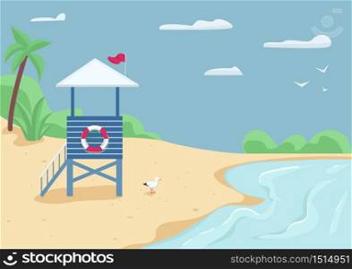 Lifeguard tower on sand beach flat color vector illustration. Rescuer building, swimming safety. Life guard stand on seashore 2D cartoon landscape with water and blue sky on background