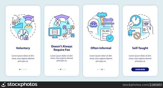 Lifelong learning characteristics onboarding mobile app screen. Walkthrough 4 steps graphic instructions pages with linear concepts. UI, UX, GUI template. Myriad Pro-Bold, Regular fonts used. Lifelong learning characteristics onboarding mobile app screen