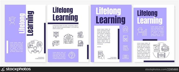 Lifelong learning guideline purple brochure template. Ongoing education. Leaflet design with linear icons. 4 vector layouts for presentation, annual reports. Anton, Lato-Regular fonts used. Lifelong learning guideline purple brochure template