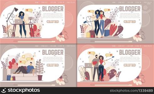 Lifestyle Blogger, Beauty and Style Vlogger, Live Video Streamer, Social Media Content Creator Personal Web Site Landing Page Templates Set. Blogging, Streaming People Trendy Flat Vector Illustration