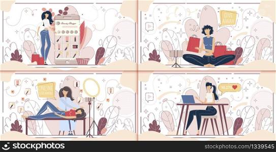 Lifestyle Blogger, Beauty, Fashion and Style Vlogger, Cosmetics Products Review Channel Author Banner, Poster Set. Woman Choosing Goods in Online Store, Promoting Brand Trendy Flat Vector Illustration
