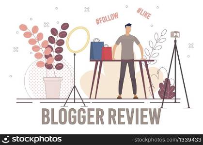 Lifestyle Blogger Shopping Review Concept. Man Standing at Table with Shopping Packets, Reviewing Products, Recording Test on Camera, Streaming Live Video Online Trendy Flat Vector Illustration