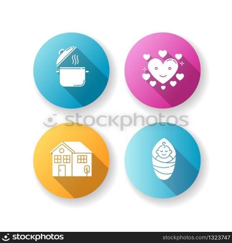 Lifestyle flat design long shadow glyph icons set. Cooking pot. Food recipe. Saucepan with steam. Affectionate love. Baby son. Housekeeping, family care. Silhouette RGB color illustrations