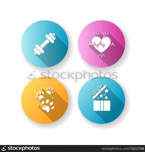 Lifestyle flat design long shadow glyph icons set. Gym workout. Dumbbell for exercise. Heart rate. Cardio healthcare. Pet paw prints. Open gift. Birthday present. Silhouette RGB color illustrations