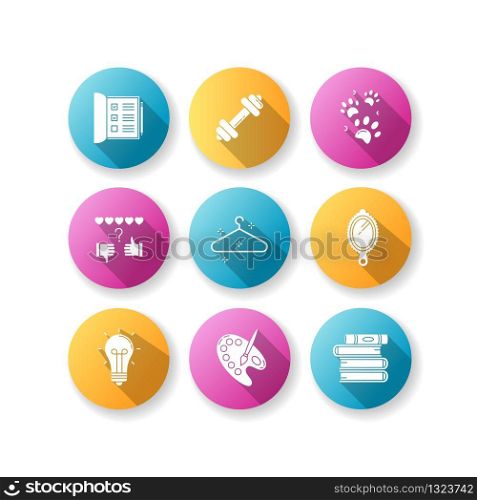 Lifestyle flat design long shadow glyph icons set. List for work. Sport activities. Pet paws print. Review rate. Empty hanger. Hand mirror. Creative hobby. Silhouette RGB color illustrations
