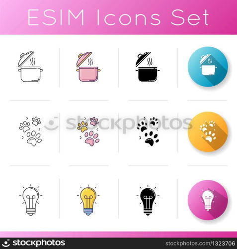 Lifestyle icons set. Cooking recipe. Pot with open lid. Pet paws prints. Thinking wtih ispiration sign. Glowing lightbulb. Linear, black and RGB color styles. Isolated vector illustrations