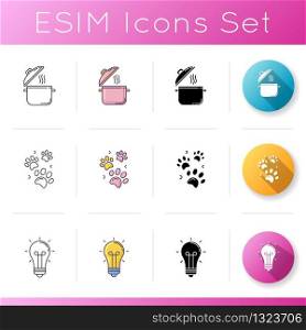 Lifestyle icons set. Cooking recipe. Pot with open lid. Pet paws prints. Thinking wtih ispiration sign. Glowing lightbulb. Linear, black and RGB color styles. Isolated vector illustrations