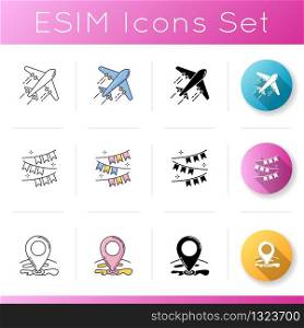 Lifestyle icons set. Flight to location. Holiday festivity. Colorful banners and flags. GPS mark. Travel and tourism. Linear, black and RGB color styles. Isolated vector illustrations