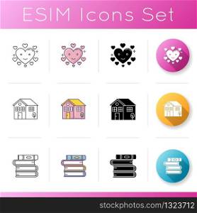 Lifestyle icons set. Happy heart. Flirting mood. Sign of affection. Books pile. Cute house. Home and housekeeping. Library collection. Linear, black and RGB color styles. Isolated vector illustrations
