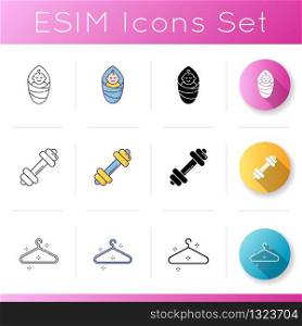 Lifestyle icons set. Infant kid. Newborn child. Workout equipment. Sport goods. Empty hanger. Physical health. Little baby. Linear, black and RGB color styles. Isolated vector illustrations