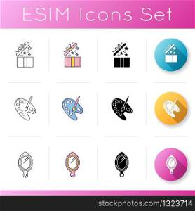 Lifestyle icons set. Open gift. Birthday surprise. Artist pallete. Personal hand mirror. Hobby activities. Craft and recreation. Linear, black and RGB color styles. Isolated vector illustrations