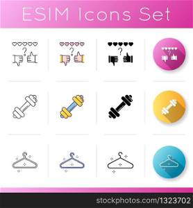 Lifestyle icons set. Review rating with five stars. Sport equipment. Gym dumbbell. Empty hanger. Wardrobe sign. Workout and exercise. Linear, black and RGB color styles. Isolated vector illustrations