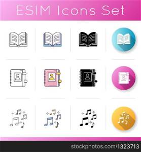 Lifestyle icons set. Study from book. Personal diary. Self education and recreation. Learning music by notes. Contact list. Linear, black and RGB color styles. Isolated vector illustrations