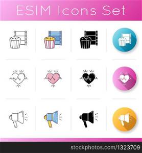 Lifestyle icons set. Watch film for recreation. Cinema for leisure. Healthy heart beat. Loudspeaker broadcasting news. Linear, black and RGB color styles. Isolated vector illustrations