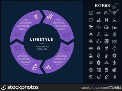 Lifestyle infographic template, elements and icons. Infograph includes customizable circular diagram, line icon set with healthy food, sport exercise, media, training machine, leisure activities etc.. Lifestyle infographic template, elements and icons