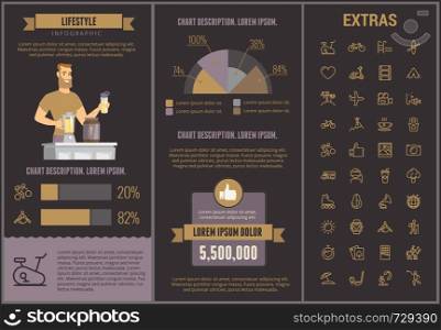Lifestyle infographic template, elements and icons. Infograph includes customizable graphs, charts, line icon set with healthy food, sport exercise, media, training machine, leisure activities etc.. Lifestyle infographic template, elements and icons