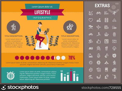 Lifestyle infographic template, elements and icons. Infograph includes customizable graphs, charts, line icon set with healthy food, sport exercise, media, training machine, leisure activities etc.. Lifestyle infographic template, elements and icons