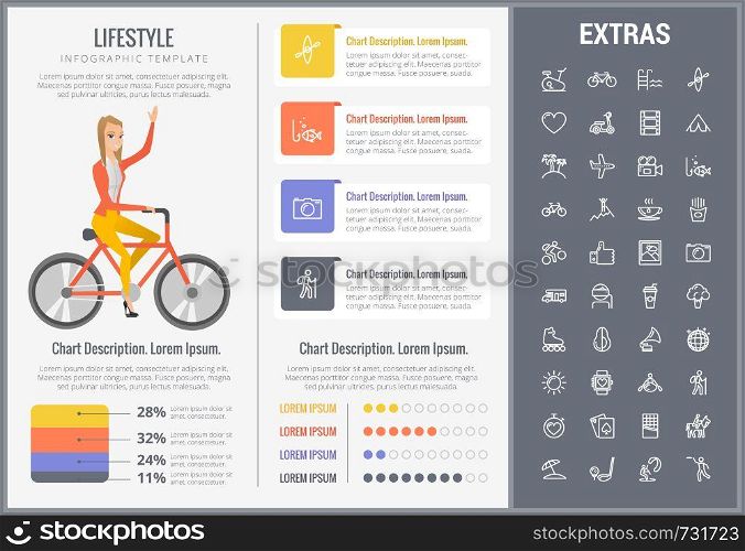 Lifestyle infographic template, elements and icons. Infograph includes customizable graphs, charts, line icon set with healthy food, sport exercise, media, training machine, leisure activities etc.. Lifestyle infographic template, elements and icons
