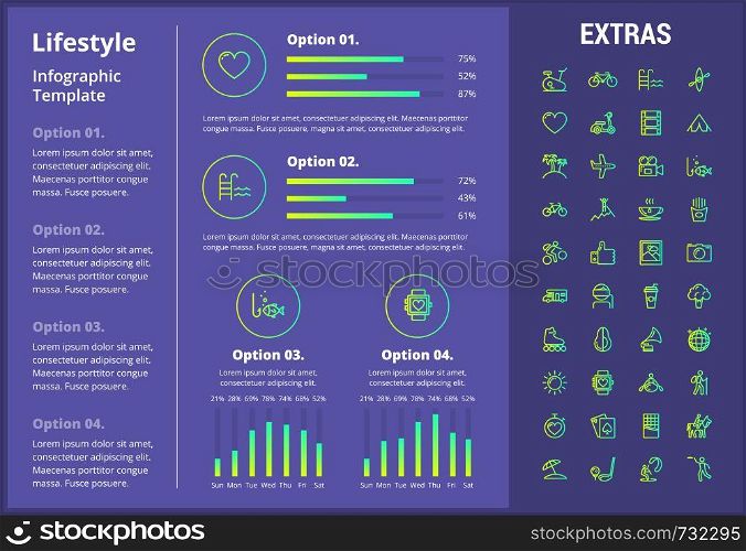 Lifestyle infographic template, elements and icons. Infograph includes customizable graphs, four options, line icon set with healthy food, sport exercise, training machine, leisure activities etc.. Lifestyle infographic template, elements and icons