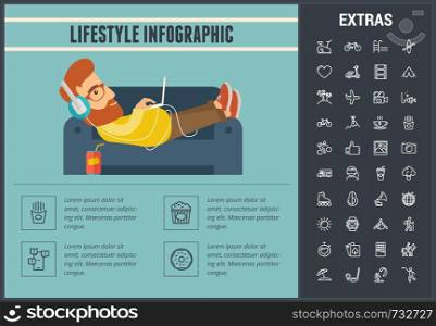 Lifestyle infographic template, elements and icons. Infograph includes line icon set with healthy and fast food, sport exercise, media, training machine, leisure activities, transport vehicle etc.. Lifestyle infographic template, elements and icons