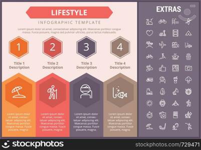 Lifestyle infographic timeline template, elements and icons. Infograph includes numbered options, line icon set with healthy food, sport exercise, media, training machine, leisure activities etc.. Lifestyle infographic template, elements and icons