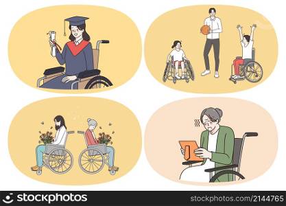 Lifestyle of wheelchair people concept. Set of young and elderly wheelchair people graduating from university playing basketball buying flowers feeling sad looking at photo vector illustration. Lifestyle of wheelchair people concept
