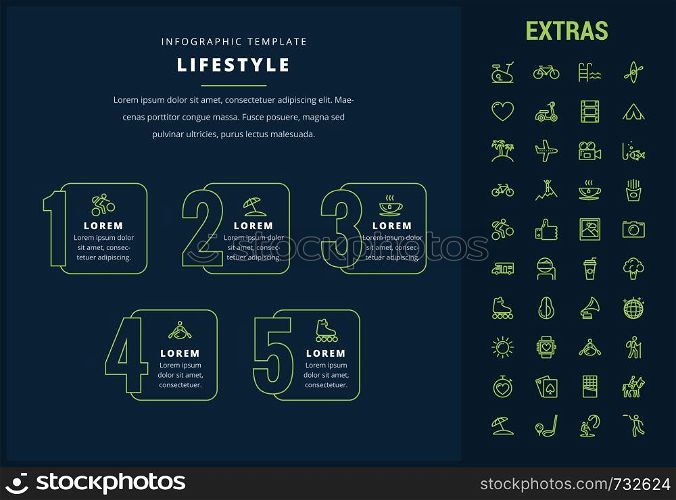 Lifestyle options infographic template, elements and icons. Infograph includes line icon set with healthy and fast food, sport exercise, training machine, leisure activities, transport vehicle etc.. Lifestyle infographic template, elements and icons