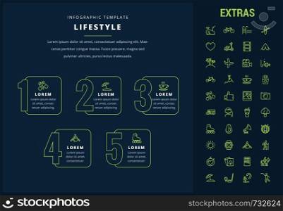 Lifestyle options infographic template, elements and icons. Infograph includes line icon set with healthy and fast food, sport exercise, training machine, leisure activities, transport vehicle etc.. Lifestyle infographic template, elements and icons