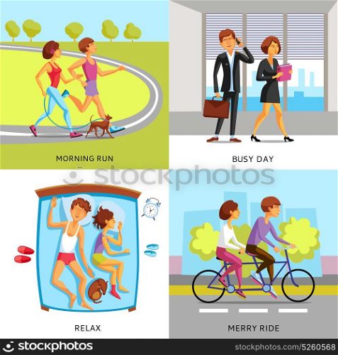 Lifestyle People 2x2 Compositions. Lifestyle people 2x2 compositions presenting couple in morning run busy day relax and merry ride cartoon vector illustration