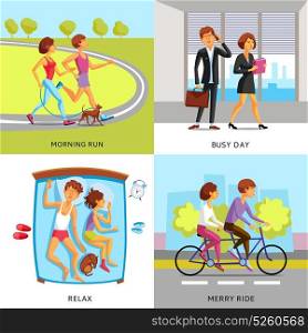 Lifestyle People 2x2 Compositions. Lifestyle people 2x2 compositions presenting couple in morning run busy day relax and merry ride cartoon vector illustration