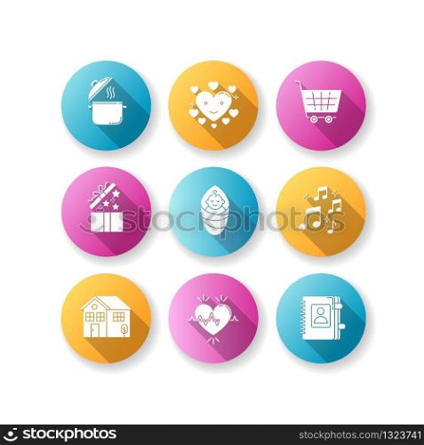 Lifestyle pink and blue flat design long shadow glyph icons set. Cooking recipe. Loving heart. Online purchase. Open gift. Contact book for social media highlights. Silhouette RGB color illustrations