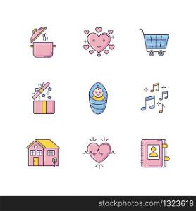Lifestyle pink and blue RGB color icons set. Cooking recipe. Loving heart. Online purchase. Open gift. Baby boy. Music sound. Contact book for social media highlights. Isolated vector illustrations