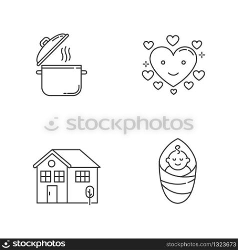 Lifestyle pixel perfect linear icons set. Cooking pot. Affectionate love. Housekeeping, family care. Customizable thin line contour symbols. Isolated vector outline illustrations. Editable strokes