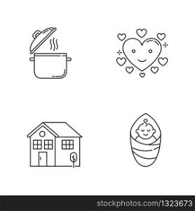 Lifestyle pixel perfect linear icons set. Cooking pot. Affectionate love. Housekeeping, family care. Customizable thin line contour symbols. Isolated vector outline illustrations. Editable strokes