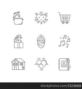 Lifestyle pixel perfect linear icons set. Cooking recipe. Loving heart. Online purchase. Music sound. Customizable thin line contour symbols. Isolated vector outline illustrations. Editable strokes