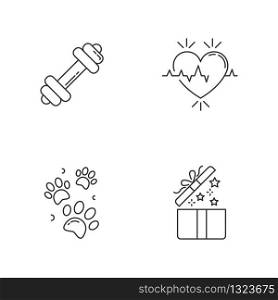Lifestyle pixel perfect linear icons set. Gym workout. Cardio healthcare. Pet paw prints. Open gift. Customizable thin line contour symbols. Isolated vector outline illustrations. Editable strokes