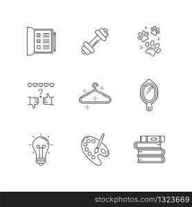Lifestyle pixel perfect linear icons set. List for work. Sport activities. Empty hanger. Creative hobby. Customizable thin line contour symbols. Isolated vector outline illustrations. Editable strokes