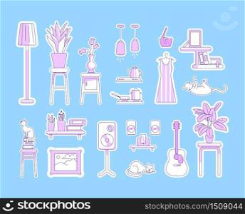 Lifestyle purple linear objects set. Guitar and music system. Shelves and house plants. Hobbies and craft thin line symbols pack. Household isolated outline illustrations on blue background. Lifestyle purple linear objects set