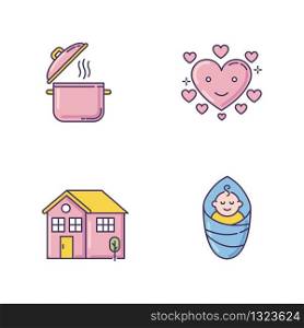 Lifestyle RGB color icons set. Cooking pot. Food recipe. Saucepan with steam. Affectionate love. Baby son. Infant in diper. Pink home. Housekeeping, family care. Isolated vector illustrations