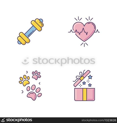 Lifestyle RGB color icons set. Gym workout. Dumbbell for exercise. Heart rate. Cardio healthcare. Pet paw prints. Open gift. Birthday present for social media highlights. Isolated vector illustrations
