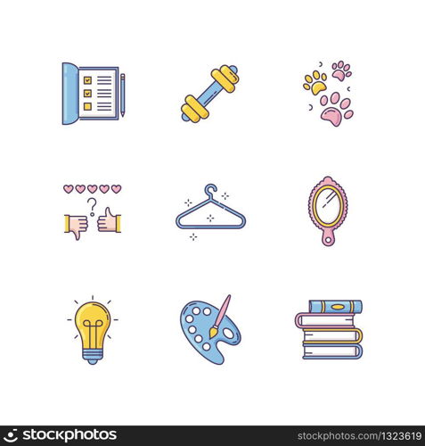 Lifestyle RGB color icons set. List for work. Sport activities. Pet paws print. Review rate. Empty hanger. Hand mirror. Glowing light bulb. Creative hobby. Isolated vector illustrations