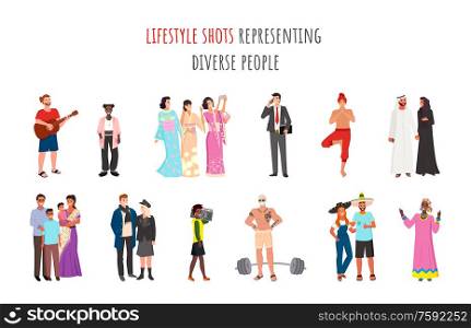 Lifestyle shots representing diverse people vector, man and woman wearing traditional clothes and elements of ethnic community, arabs and mexicans. Lifestyle Shots Representing Diverse People Ethnic