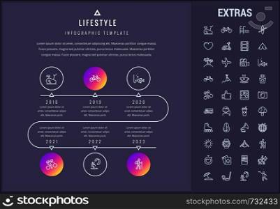 Lifestyle timeline infographic template, elements and icons. Infograph includes line icon set with healthy and fast food, sport exercise, training machine, leisure activities, transport vehicle etc.. Lifestyle infographic template, elements and icons