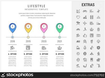 Lifestyle timeline infographic template, elements and icons. Infograph includes options with years, line icon set with healthy and fast food, sport exercise, training machine, leisure activities etc.. Lifestyle infographic template, elements and icons