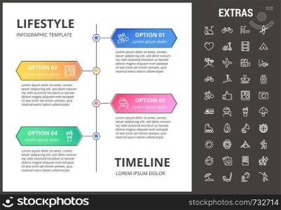Lifestyle timeline infographic template, elements and icons. Infograph includes options with years, line icon set with healthy and fast food, sport exercise, training machine, leisure activities etc.. Lifestyle infographic template, elements and icons