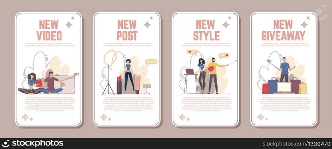 Lifestyle Vlogger, Beauty Blogger, Video Reviews Channel, Style and Fashion Content Advertising Banners, Promotion Posters Set. Blogging People, Live Video Streamer Trendy Flat Vector Illustration