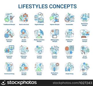 Lifestyles concepts icons set. Living types idea thin line illustrations. Technician, digital, hipster, clothes free, sustainable, ascetic lifestyle. Vector isolated outline drawings. Editable stroke