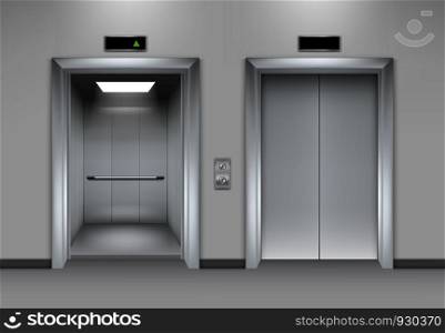 Lift doors building. Business office facade interior realistic closing opening doors elevator chrome metal buttons vector pictures. Illustration of lift door, panel metal, transportation office indoor. Lift doors building. Business office facade interior realistic closing opening doors elevator chrome metal buttons vector pictures