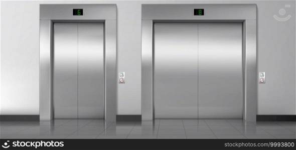 Lift doors, service and cargo closed elevators. Building hall interior with metal gates, buttons, stage number panels, indoor transportation in house, office or hotel, realistic 3d vector Illustration. Lift doors, service and cargo closed elevators